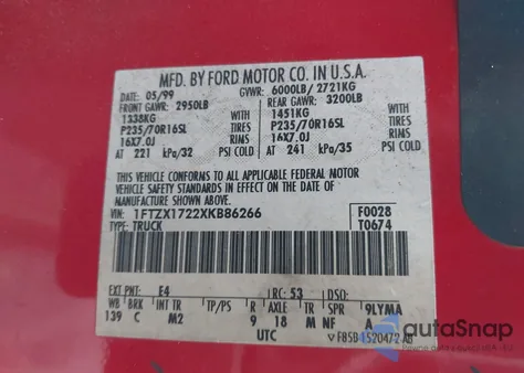 1999 Ford F-150 Work Series/Xl/Xlt from USA, damaged, VIN 1FTZX1722XKB86266